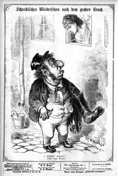 Ein Cartoon von einem Mann mit Zylinder und einer Frau in einem Kleid, mit einer Wand, einem Fenster, einem Eimer und anderen Gegenständen im Hintergrund. Unten steht Text: "F. J. Singer, der erste deutsche Politiker, der in den Kongress gewählt wurde."