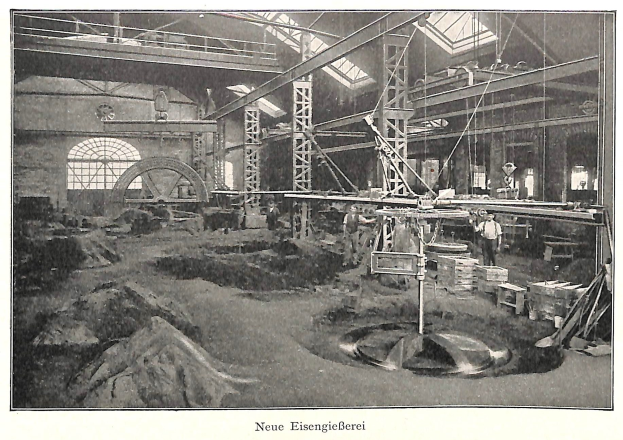 Schwarz-weißes Foto eines Fabrikinneren mit Arbeitern, die Maschinen bedienen, umgeben von Metallstangen und -pfählen, beschriftet mit "Neue Eisenglebeerei, die erste Fabrik Deutschlands" unten.