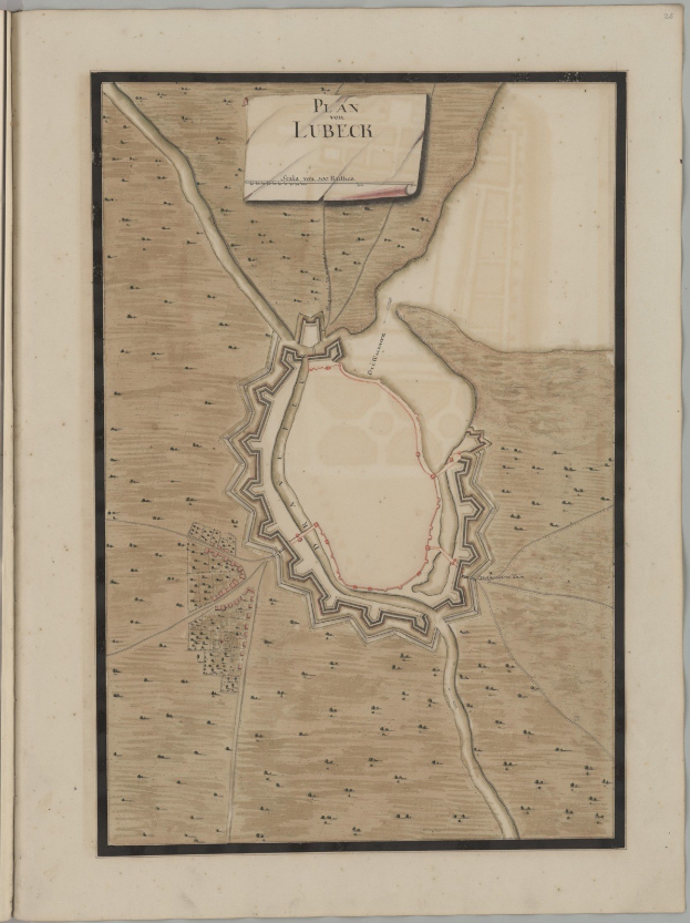 Ein altes Buch mit einer detaillierten Karte von Lübeck, Deutschland, das Straßen, Gebäude, Sehenswürdigkeiten und Text über die Bevölkerung, Geschichte und Kultur der Stadt zeigt.