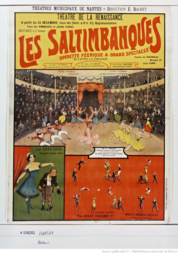 Farbiges Plakat für das Musical 'Les Saltimbanques' im Theatre de la Renaissance, mit einer Zirkusszene und Gästedetails.