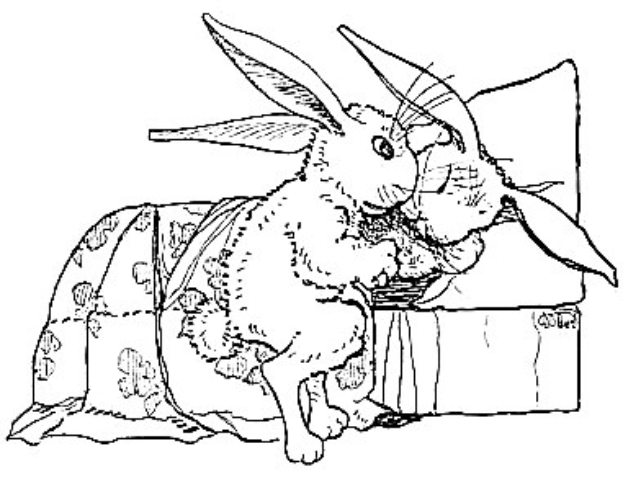 Zeichnung in Schwarz-Weiß von zwei Hasen auf einem Sofa mit einem Kissen dahinter, umgeben von Osterthemen auf einem weißen Hintergrund.