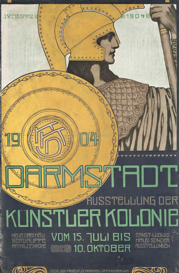 Ein Plakat, das ein 1904er Konzert in Berlin, Deutschland, mit einer Person in einem Helm und einem Schild anpreist, mit 'Darmstadt' und 'Kunstler Kolonie' in fetter Schrift.