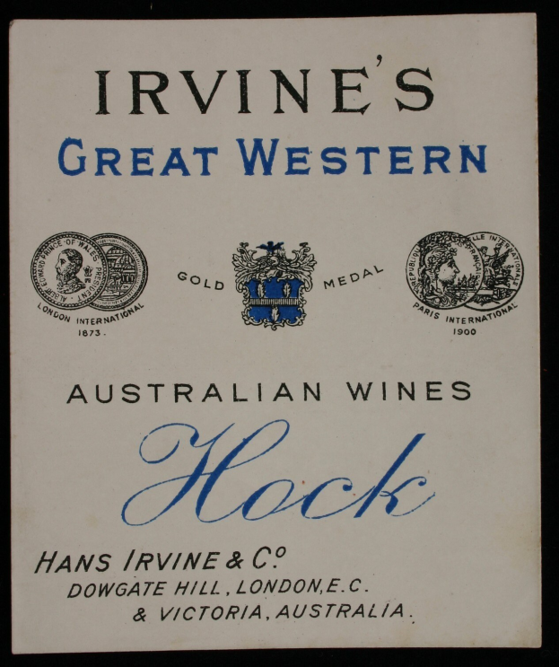 Plakat, das Irvines Great Western Australian Wines Hock bewirbt, mit Firmenlogos und Text, der die Weinarten angibt.