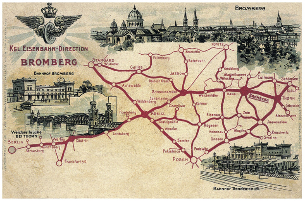 Ein detailliertes Straßenkartenplakat von Bromberg, Deutschland, das Straßen, Sehenswürdigkeiten, Gebäude, Bäume, eine Brücke und begleitenden Text enthält, der die Geschichte, Kultur und Attraktionen der Stadt beschreibt.