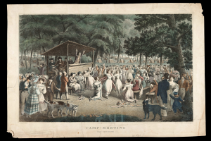 Gruppe von Menschen im Park mit Bäumen im Hintergrund, einige sitzen und einige stehen, mit einer Hütte im Vordergrund und "Camp Meeting"-Text unten.