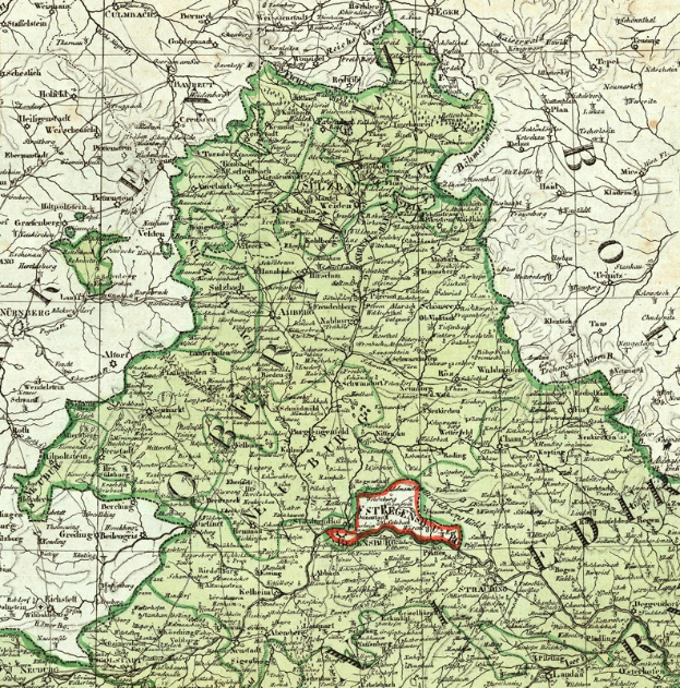 Ein altes Deutschland-Karte mit detaillierten Straßen, Städten und geografischen Merkmalen, markiert mit einem prominenten roten Punkt in der Mitte.