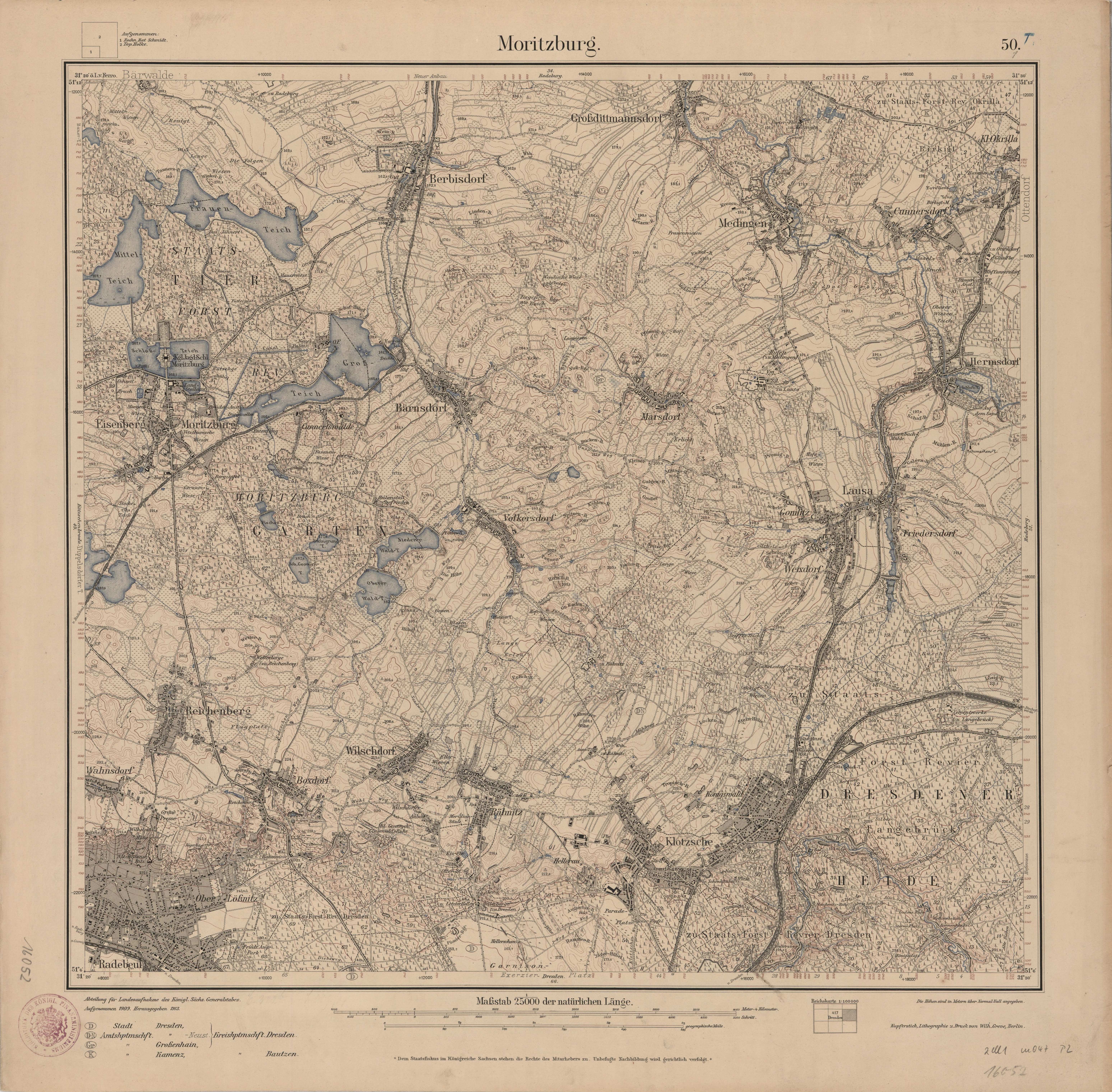 Ein altes topografisches Papierkart von Moritzburg, Deutschland, das detaillierte Geländedaten und Text zeigt.