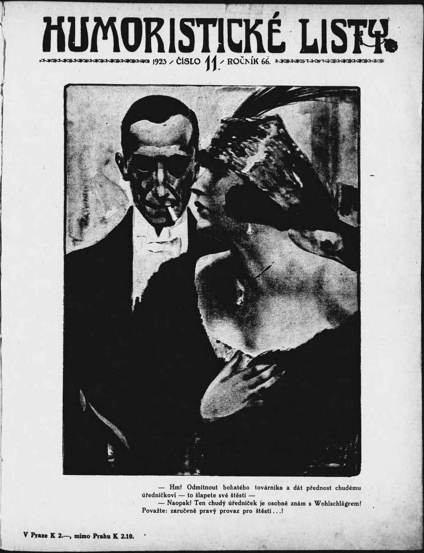 Schwarzes und weißes Magazin-Cover mit der überschrift 'Humoristische Liste', das einen Mann in einem Anzug mit ernster Miene und eine Frau mit einem leichten Grinsen zeigt, die wegsieht.