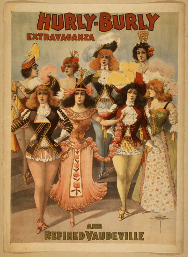 Plakat für "Hurry-Burly Extravaganza und Verfeinertes Vaudeville" mit einer Reihe von Frauen in farbenfrohen, vintage-inspirierten Kleidern und Hüten mit verschiedenen Frisuren.