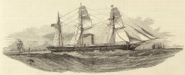 Gravur eines Segelschiffs mit geblähten Segeln, das auf dem Ozean segelt, andere Schiffe im Hintergrund sichtbar, Rumpf glänzt in der Sonne, mit Text unten.