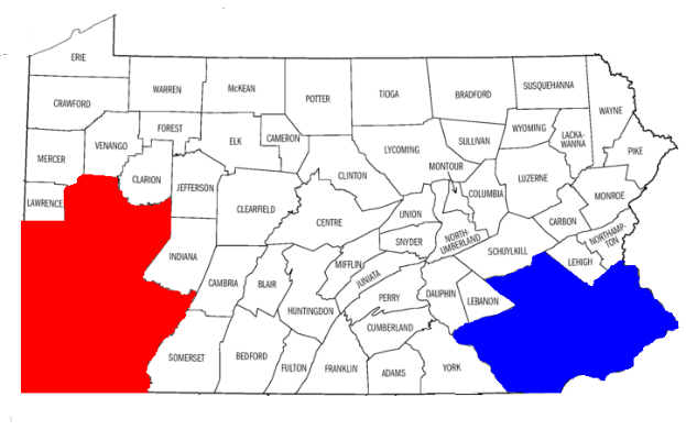 Eine Karte von Pennsylvania mit Landkreisen in rot und blau markiert, beschriftet mit "Pennsylvania Wahl-Ergebnisse".