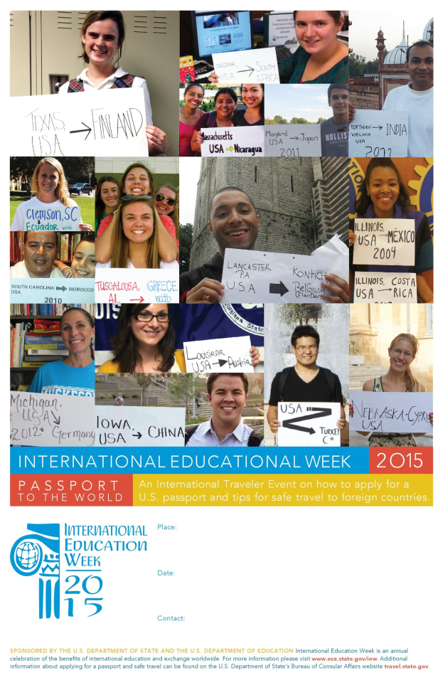 Plakat für die Internationale Bildungswoche 2015, das eine vielseitige Gruppe von Menschen zeigt, die Schilder mit eventbezogenen Texten halten.