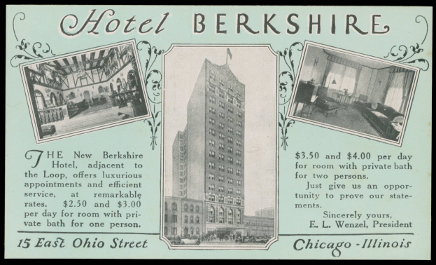 Werbung für das Hotel Berkshire in Chicago mit Bildern des Gebäudes und Textbeschreibungen seiner Merkmale.