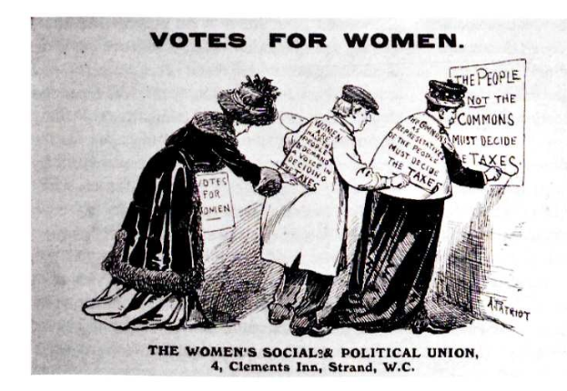 Drei Frauen in traditioneller Kleidung halten ein Papier mit der Aufschrift "Stimmrecht für Frauen: Die Women's Social & Political Union" gegen einen hellblauen Himmel mit weißen Wolken, ihre entschlossenen Gesichter deuten auf die Unterstützung der Frauenwahlrechtsbewegung hin.