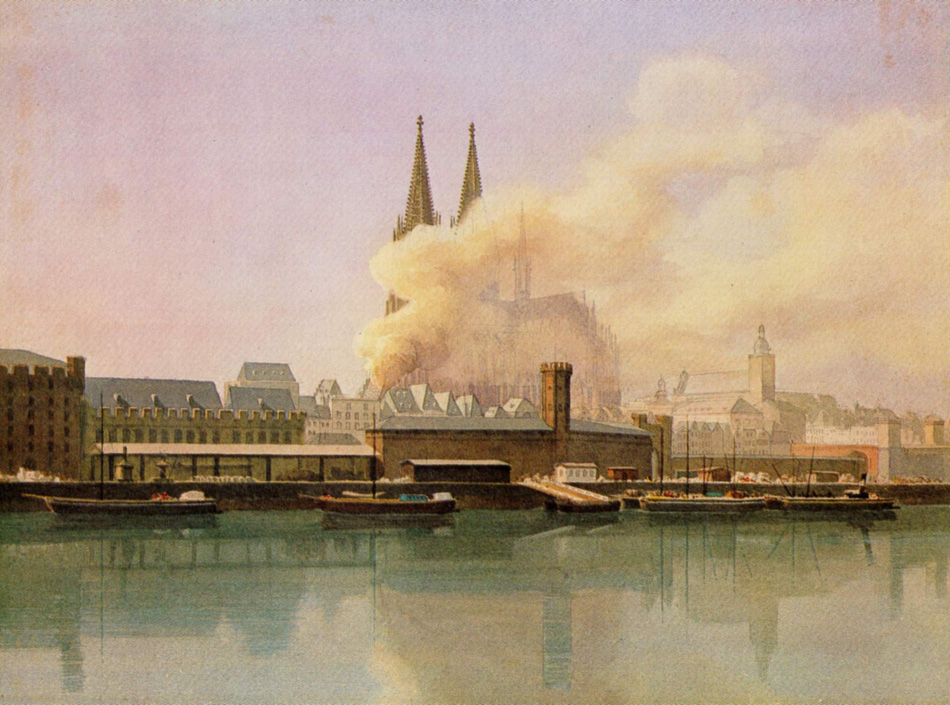 Ein Gemälde, das eine 19. Jahrhundert-Stadtansicht von Köln, Deutschland, mit Booten im Wasser, Gebäuden, Rauch und einem Himmel im Hintergrund zeigt, mit der Inschrift "Köln, Deutschland im 19. Jahrhundert" unten.