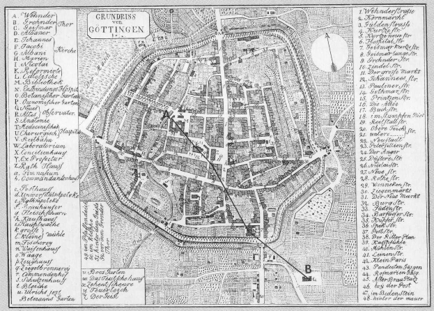 Eine schwarz-weiße detaillierte Karte von Göttingen, Deutschland, die Straßen, Gebäude und Landmarken mit Textbeschriftungen zeigt.