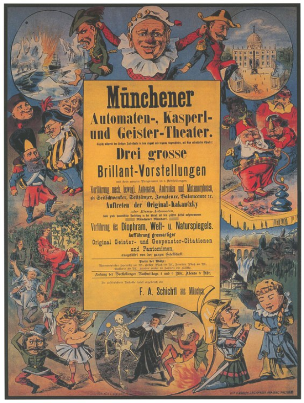 Alter deutscher Filmplakat für "Munchener Automaten-Kasperl- und Geister-Theater" mit einer Gruppe in bunten Kostümen umgeben von Text, das eine lebhafte Szene darstellt.