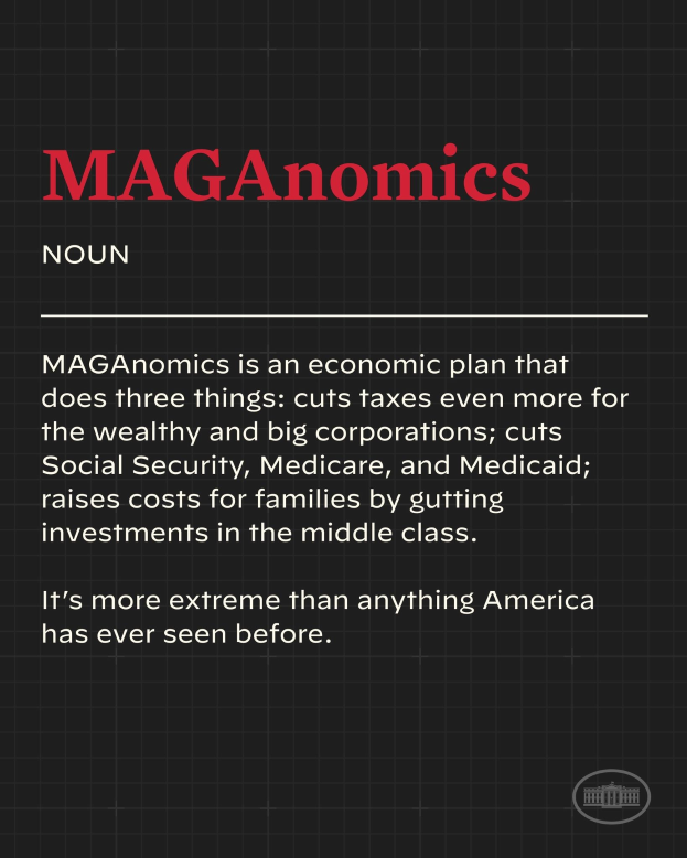 Plakat mit fettem schwarzem Text auf einem weißen Hintergrund, der von einem schmalen schwarzen Rand umgeben ist und "Maganomics: Ein Wirtschaftsplan, der drei Dinge tut: Steuern für die Reichen und große Unternehmen weiter senkt." lautet.
