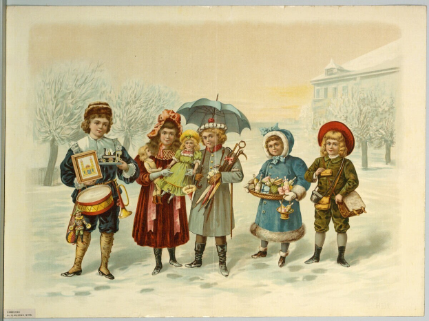 Eine Gruppe von Kindern steht im Schnee, jeder hält Schirme, Musikinstrumente und andere Gegenstände, mit Bäumen und einem Gebäude im Hintergrund und Text am unteren Bildrand.