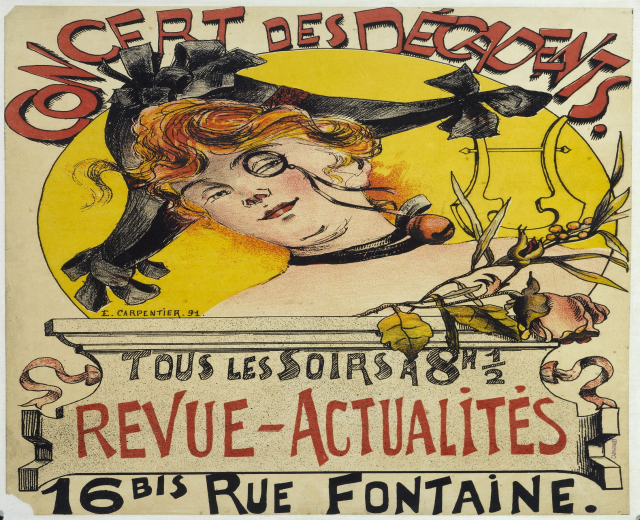 Plakat für ein Decadents-Konzert mit einer Illustration einer Frau mit menschlichem Gesicht und Text mit Veranstaltungseinzelheiten.