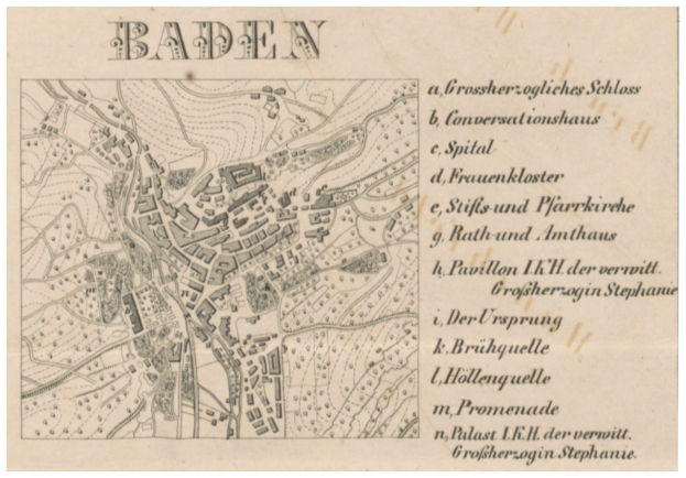 Alte detaillierte Karte von Baden, Deutschland, zeigt Straßen, Gebäude und Sehenswürdigkeiten mit Textanmerkungen.