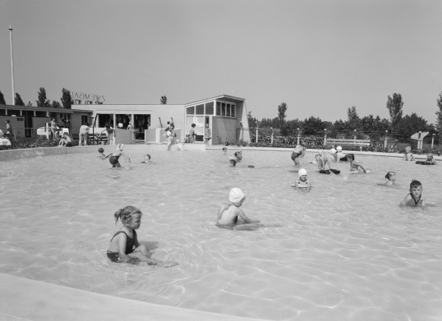 Schwarzes und weißes Foto von Kindern, die in einem Swimmingpool spielen, umgeben von Gebäuden, Bäumen, Pfählen, Pflanzen, einem Zaun und einem klaren Himmel.