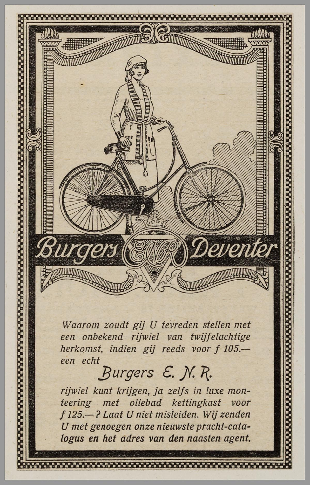 Frau auf einem Fahrrad in einer alten Werbung für Burgers Deventer mit Text, der die Eigenschaften des Fahrrads beschreibt.