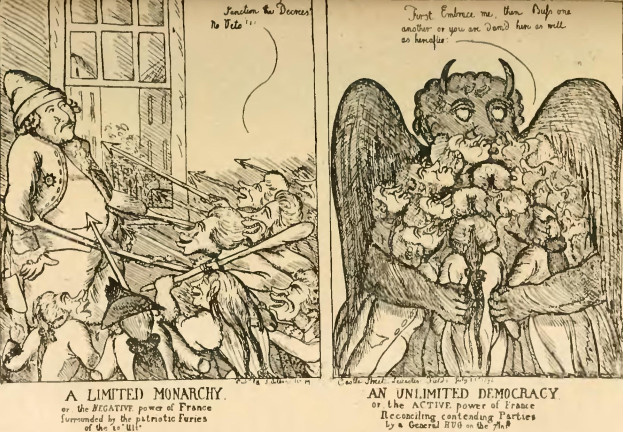 Eine Comic-Strip-Vergleich zwischen einer beschränkten Monarchie und einer unbeschränkten Demokratie mit Illustrationen und beschreibendem Text nebeneinander.