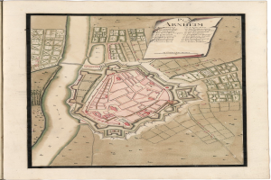 Eine detaillierte Karte von Arnheim, Deutschland, gedruckt auf den Seiten eines alten Buches, zeigt Straßen, Gebäude und Sehenswürdigkeiten mit begleitendem Text.