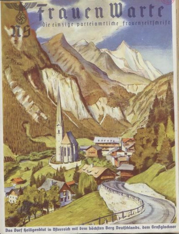 Alter deutscher Reiseplakat aus den 1930er Jahren, das eine kleine Bergstadt mit Häusern, Bäumen, einer gewundenen Straße und Text zeigt.