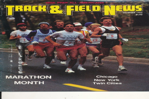 Ein Plakat zeigt eine Gruppe von Menschen, die auf einer Straße mit Bäumen und Gras laufen, mit der Aufschrift "Nachrichten vom Leichtathletik-Marathon" oben.
