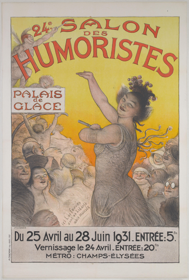 Ein Plakat für den Salon des Humoristes in Paris, das eine Frau mit einem menschlichen Gesicht inmitten einer Menge zeigt, mit Texten, die das Ereignis beschreiben.