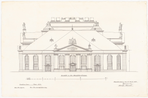 Ein detailliertes Strichbild der Schlosshof-Fassade in Dresden, Deutschland, mit zahlreichen Fenstern und Statuen, gezeichnet auf Papier mit begleitendem Text.