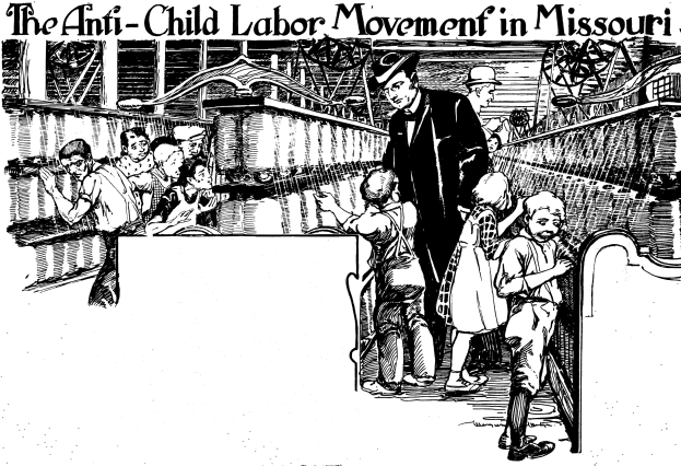 Plakat für die Anti-Kinderarbeit-Bewegung in Missouri, das eine Gruppe besorgter Menschen in traditioneller Kleidung mit Text oben und unten zeigt.