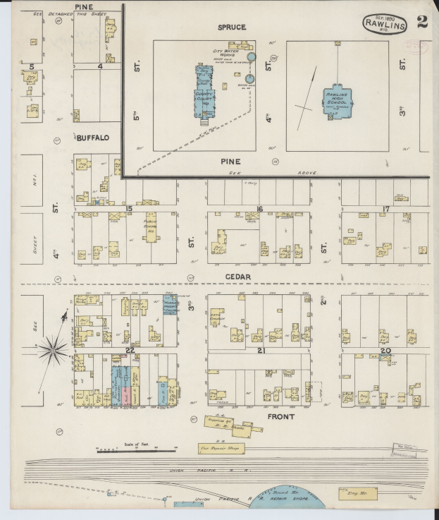Alte Karte von San Francisco, Kalifornien, mit Hervorhebung des Rawlins-Schulbezirks und detaillierten Text zur Layout-Darstellung.