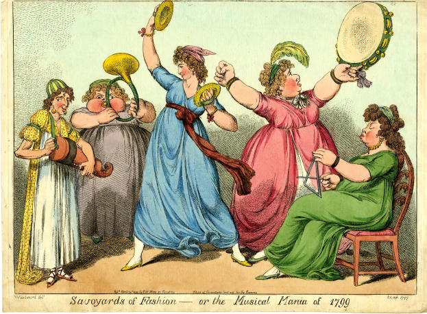 Eine Gruppe von Frauen in bunten Kleidern, die Musikinstrumente spielen, mit einer Frau in der Mitte auf einem Stuhl sitzend, und Text unten mit der Aufschrift "Savoyards der Mode oder die musikalische Manie von 1799".