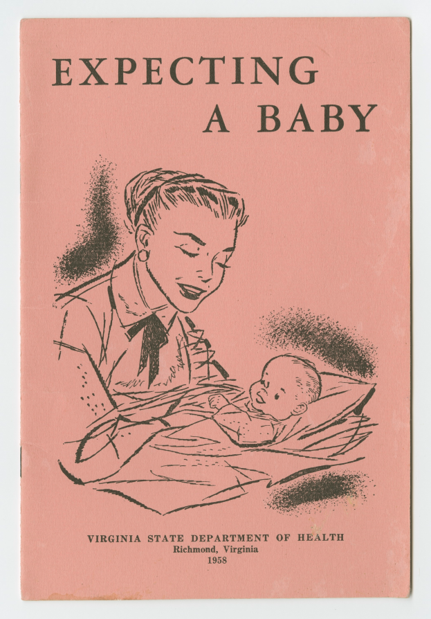 Ein Buchumschlag mit einer Frau, die ein Baby hält, beide mit zufriedenen Gesichtern, mit dem Titel 'Erwarten ein Baby'.