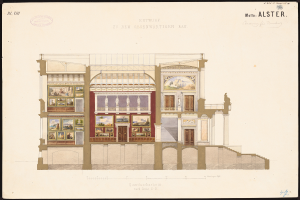 Ein detailliertes Bild einer Opernhausäußen, verziert mit kunstvollen Architekturelementen und farbenfrohen Malereien, die Innenansichten zeigen, begleitet von beschreibendem Text.