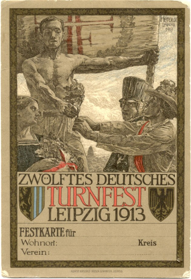 Ein Vintage-Plakat für das Zwölfte Deutsche Turnfest Leipzig 1913, das eine Gruppe von Menschen in der Mitte und Text zeigt, der das Ereignis beschreibt.