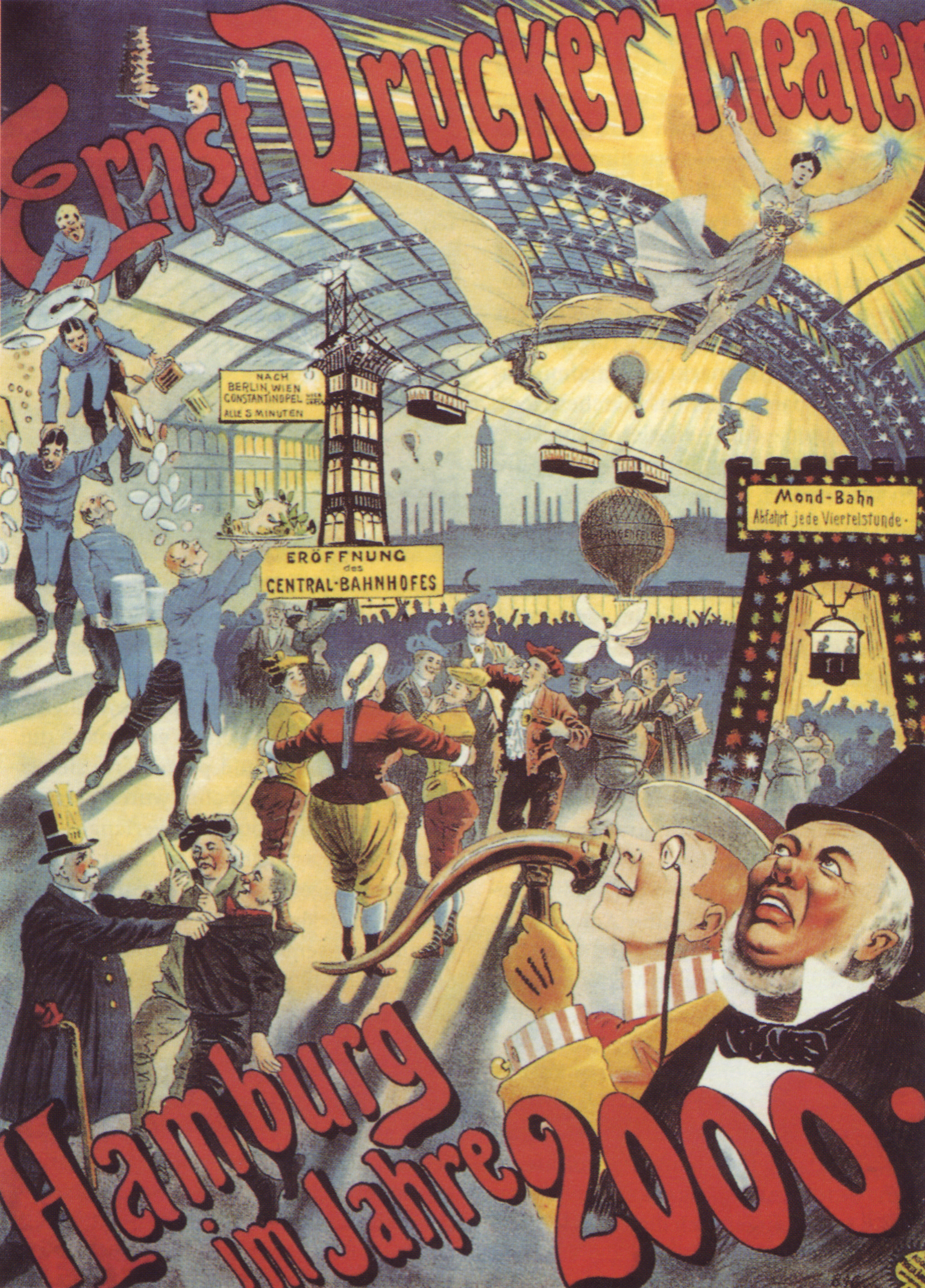 Ein Plakat für das Ernst-Drucker-Theater in Hamburg, Deutschland, das eine Gruppe von Menschen und den Text "Hamburg im Jahre 2000" zeigt.