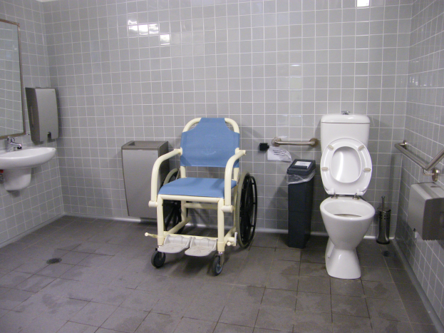 Ein Badezimmer mit Toilette, Kommode, Spülkasten, Mülltonne, Duschbrause, Spiegel, Waschbecken und anderen Gegenständen, mit gefliesten Wänden und einem sichtbaren Boden, mit einer Toilette und einem Rollstuhl in der Mitte.