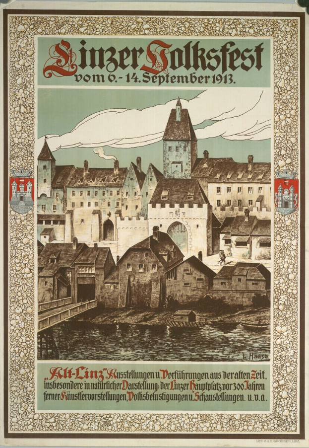 Ein altes Plakat, das ein Festival in Deutschland ankündigt, zeigt ein Schloss umgeben von Häusern mit Texten, die Festivalinformationen bereitstellen.
