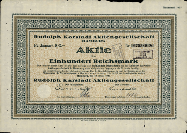 Eine alte deutsche Banknote mit schwarzem Hintergrund und der Inschrift "Rudolph Karlstadt Aktiengesellschaft Hamburg"