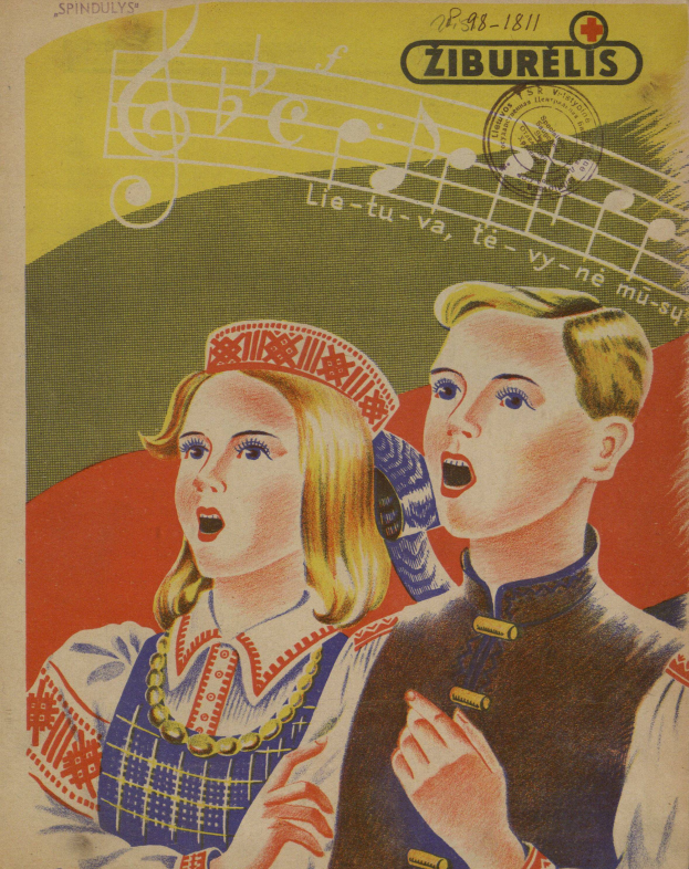 Ein Plakat, das einen Mann in einem blauen Hemd und eine Frau in einem weißen Kleid zeigt, die singen, mit Notenblatt und Text im Hintergrund.