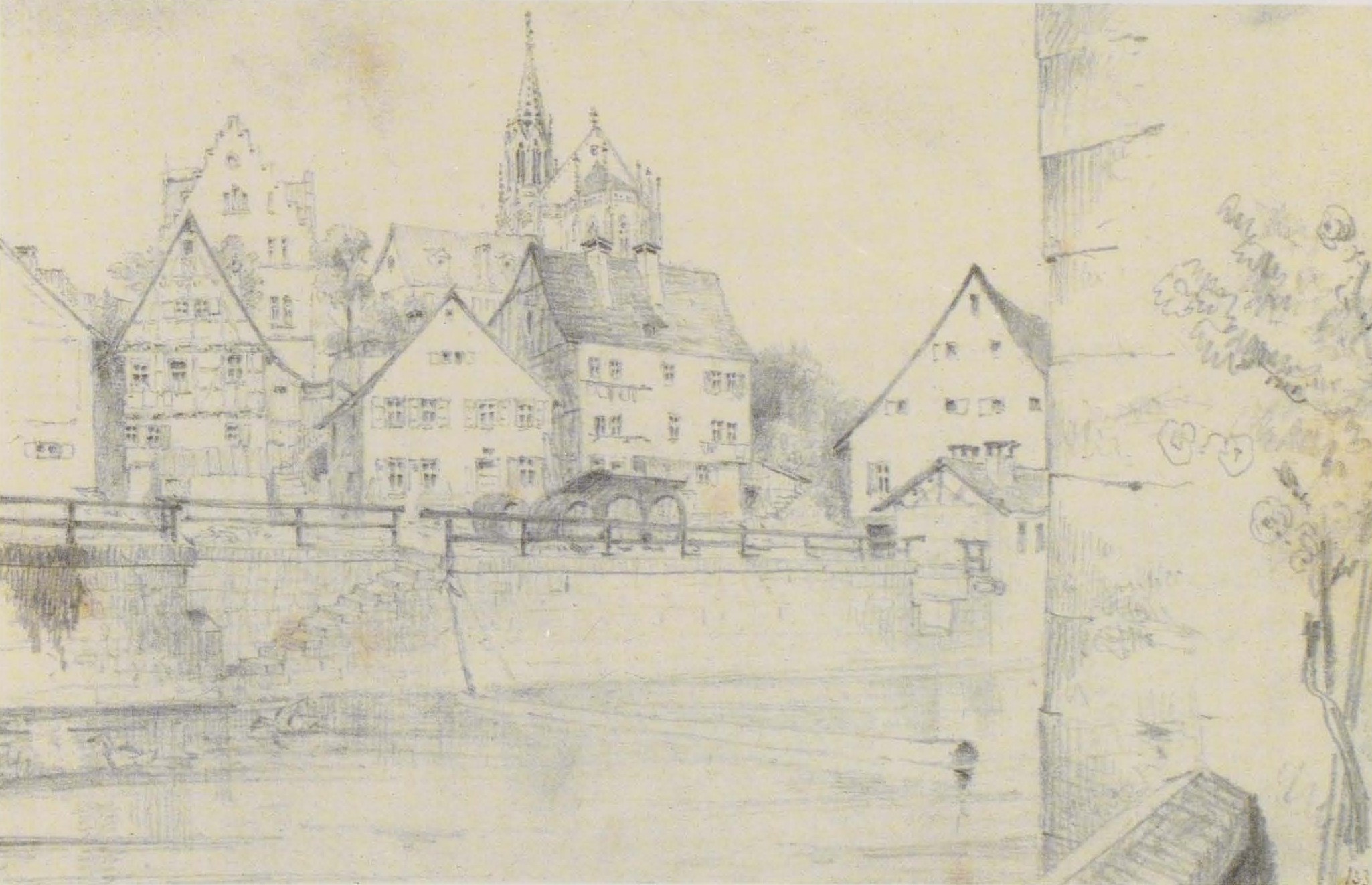 Ein Bleistift-Zeichnung mit dem Titel "Nürnberg, Deutschland" von Joseph Mallord William Turner, das eine Stadtlandschaft mit einem Fluss, Gebäuden, Bäumen und einer Brücke zeigt.