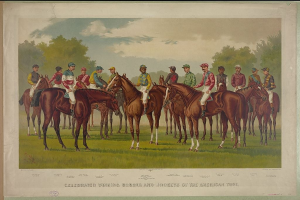 Gruppe von Menschen, die auf einem grünen Feld mit Bäumen und einem blauen Himmel reitet, mit Text unten, der "Feiernder Siegerpferde und Jockeys der American Turf" lautet.