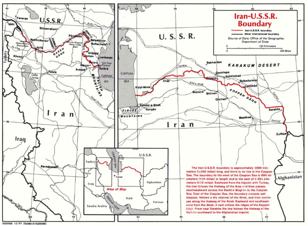 Detailierte Karte der iranisch-sowjetischen Grenze mit geographischen Merkmalen und Ländernamen, begleitet von erklärendem Text.