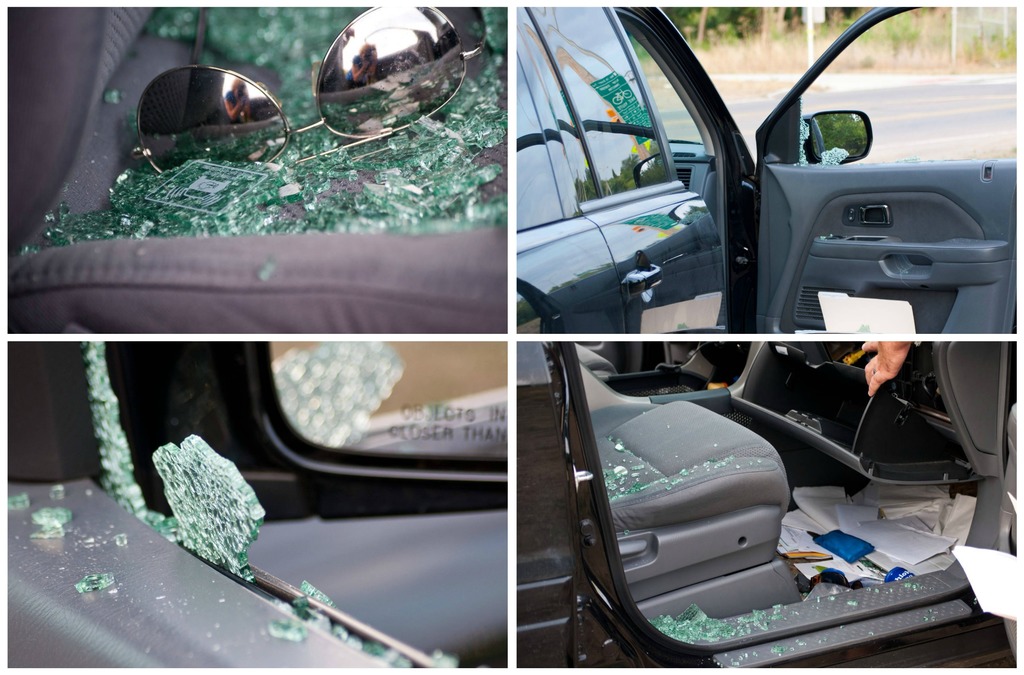 Eine Collage aus vier Bildern: Brille auf zerbrochenen Glasscherben, eine Seitenansicht eines Autos, ein zerbrochenes Autofenster und ein Autositz voller Glasscherben mit verstreuten Papieren.