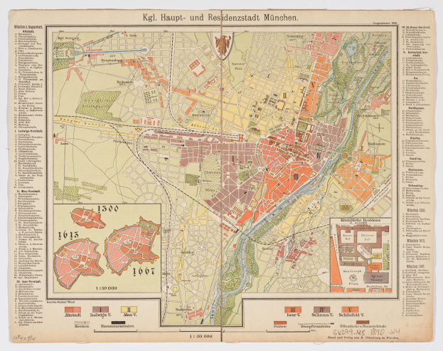 Eine alte Karte von München, Deutschland aus dem Jahr 1849, detailliert mit Text und Zahlen, bietet einen umfassenden Überblick über das Gebiet.