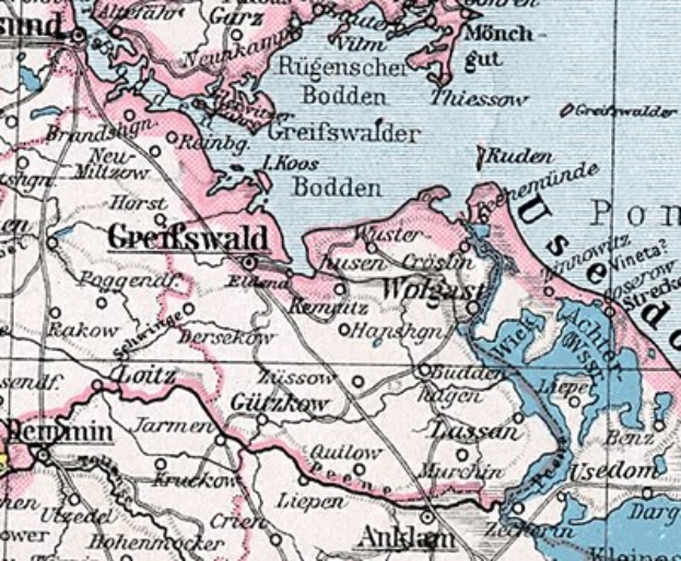 Eine Karte des Deutschen Reichs aus dem 19. Jahrhundert, die mit dem Umfang der Chinesischen Mauer überlagert ist und Städte, Dörfer und geografische Merkmale zeigt.